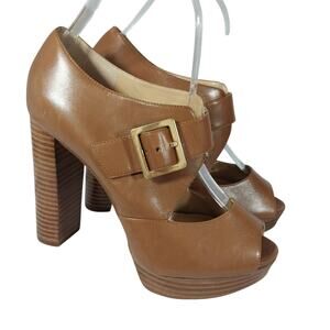 MICHAEL KORS! PECAN BROWN GENUINE LEATHER, PLATFORM, BIG STACKED HEELS! SZ 6M